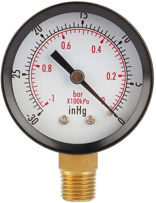 Vacuum Pressure Gauge, for Air Compressor Water Oil Gas 1/4" NPT Center Back Mount 0~-30inHg 0~-1Bar